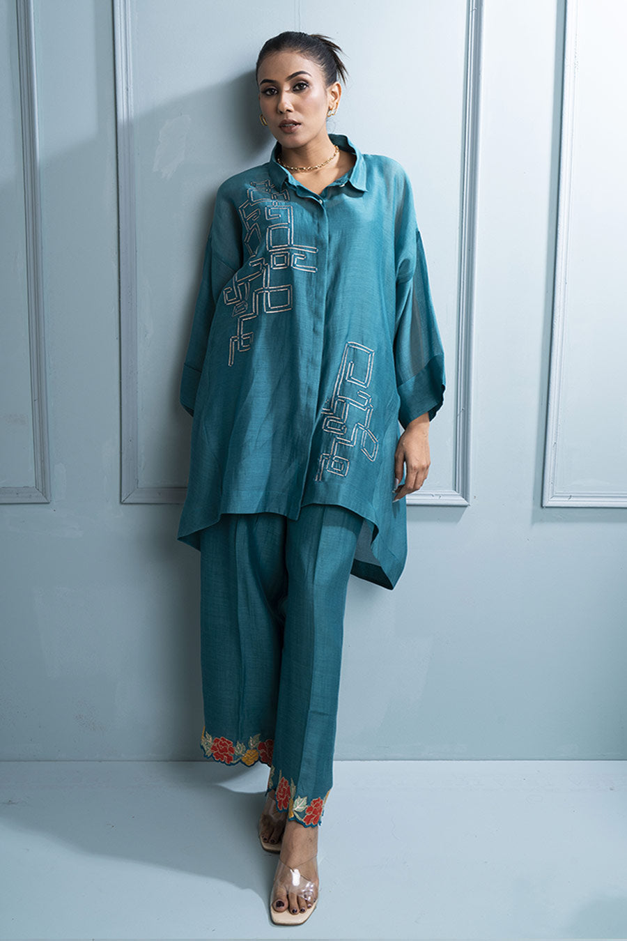 Teal Blue Asymmetric Shirt & Embroidered Pant Co-Ord Set