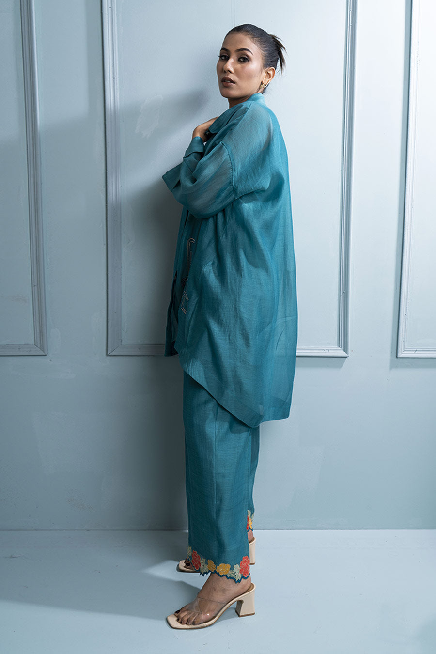 Teal Blue Asymmetric Shirt & Embroidered Pant Co-Ord Set