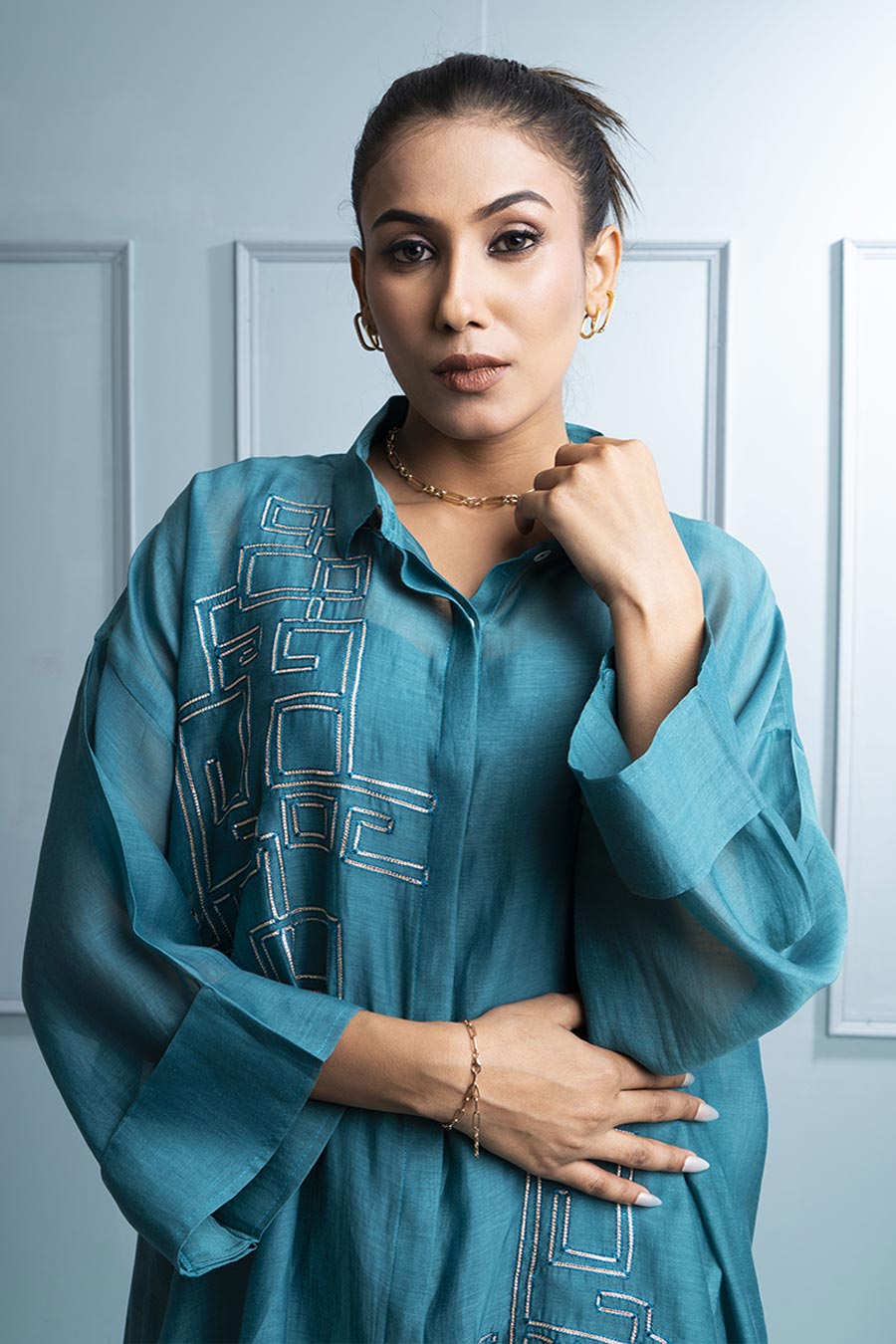 Teal Blue Asymmetric Shirt & Embroidered Pant Co-Ord Set