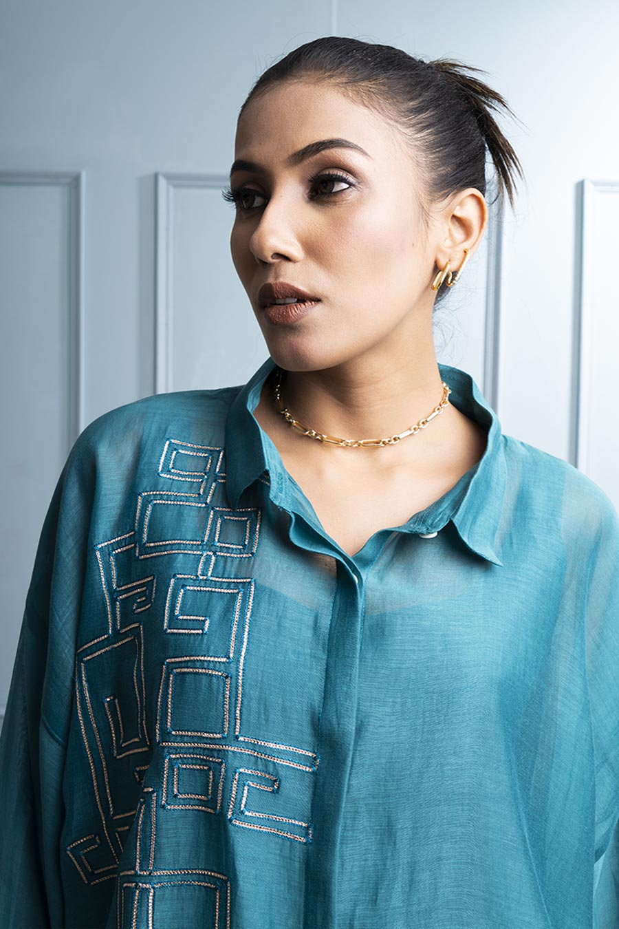 Teal Blue Asymmetric Shirt & Embroidered Pant Co-Ord Set
