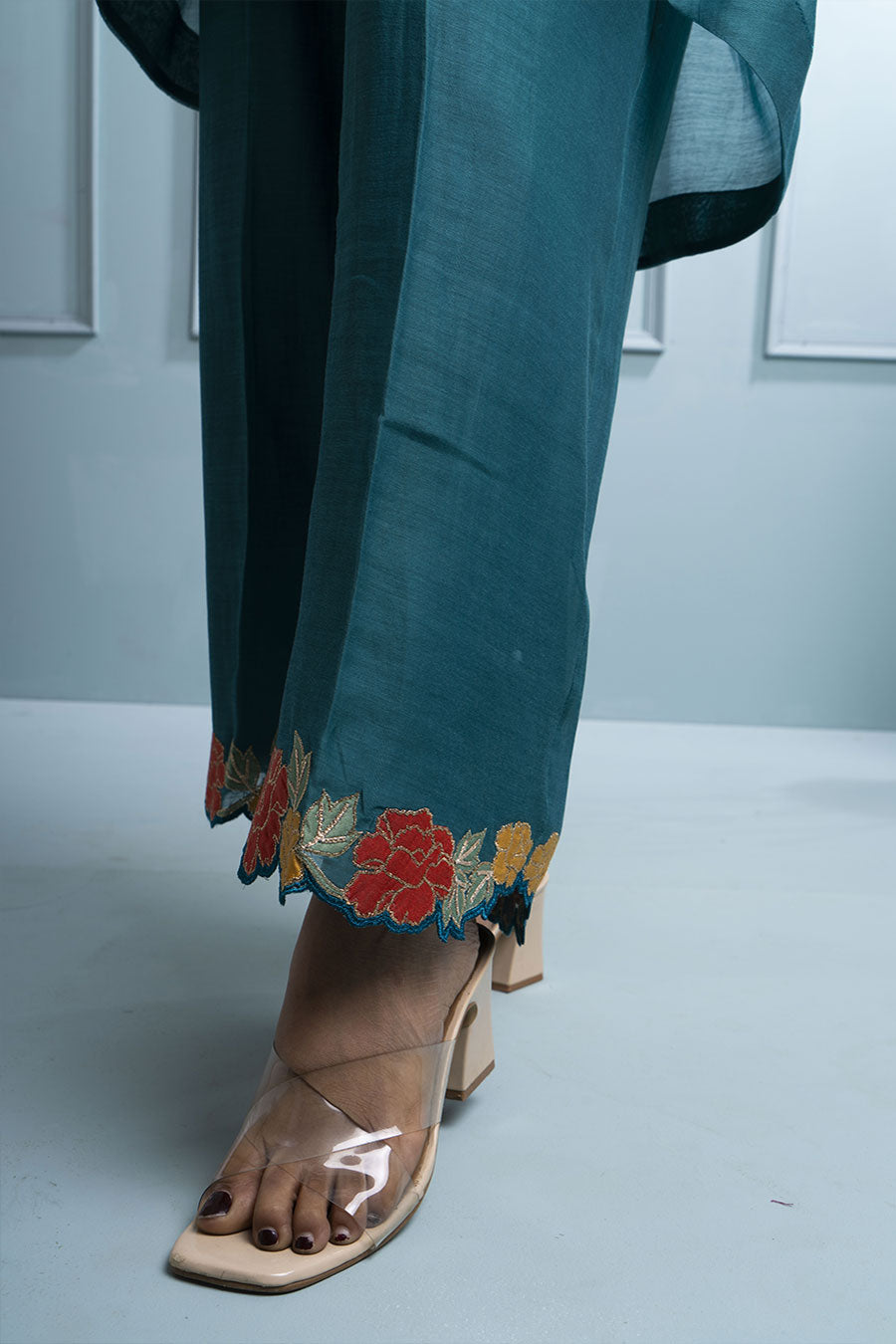 Teal Blue Asymmetric Shirt & Embroidered Pant Co-Ord Set