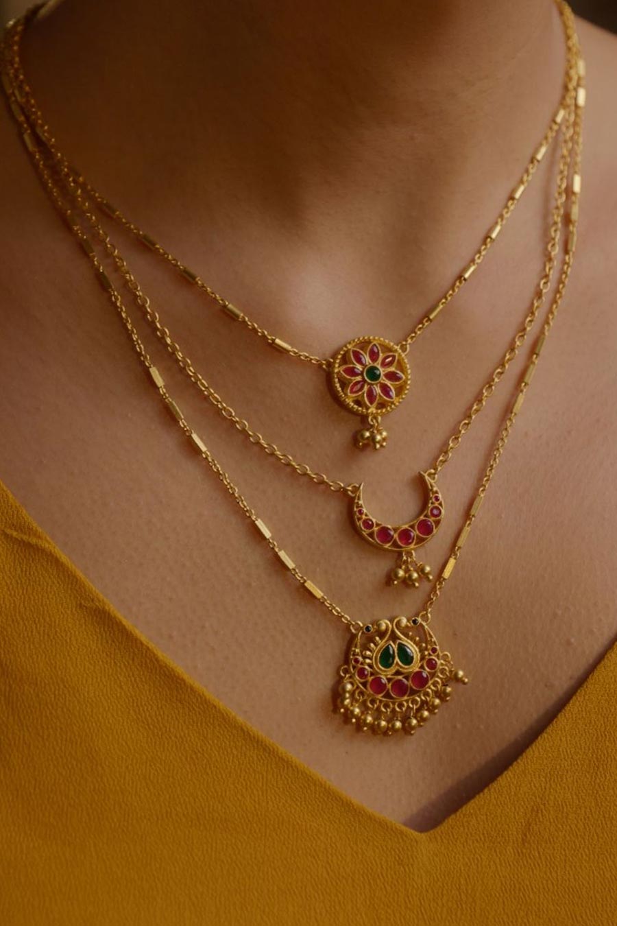 Moon and Blooms 22kt Gold Plated Layered Necklace