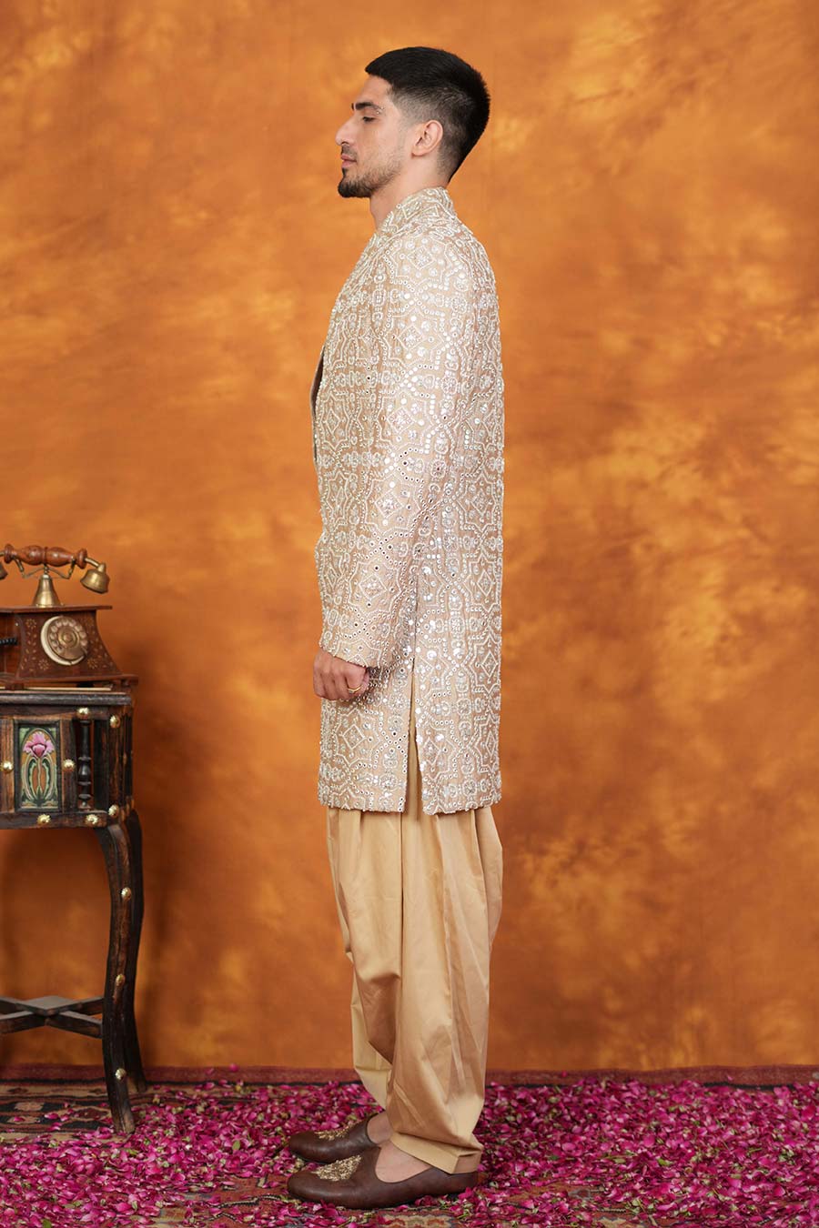 Beige Bam Silk Embroidered Indo-Western Set