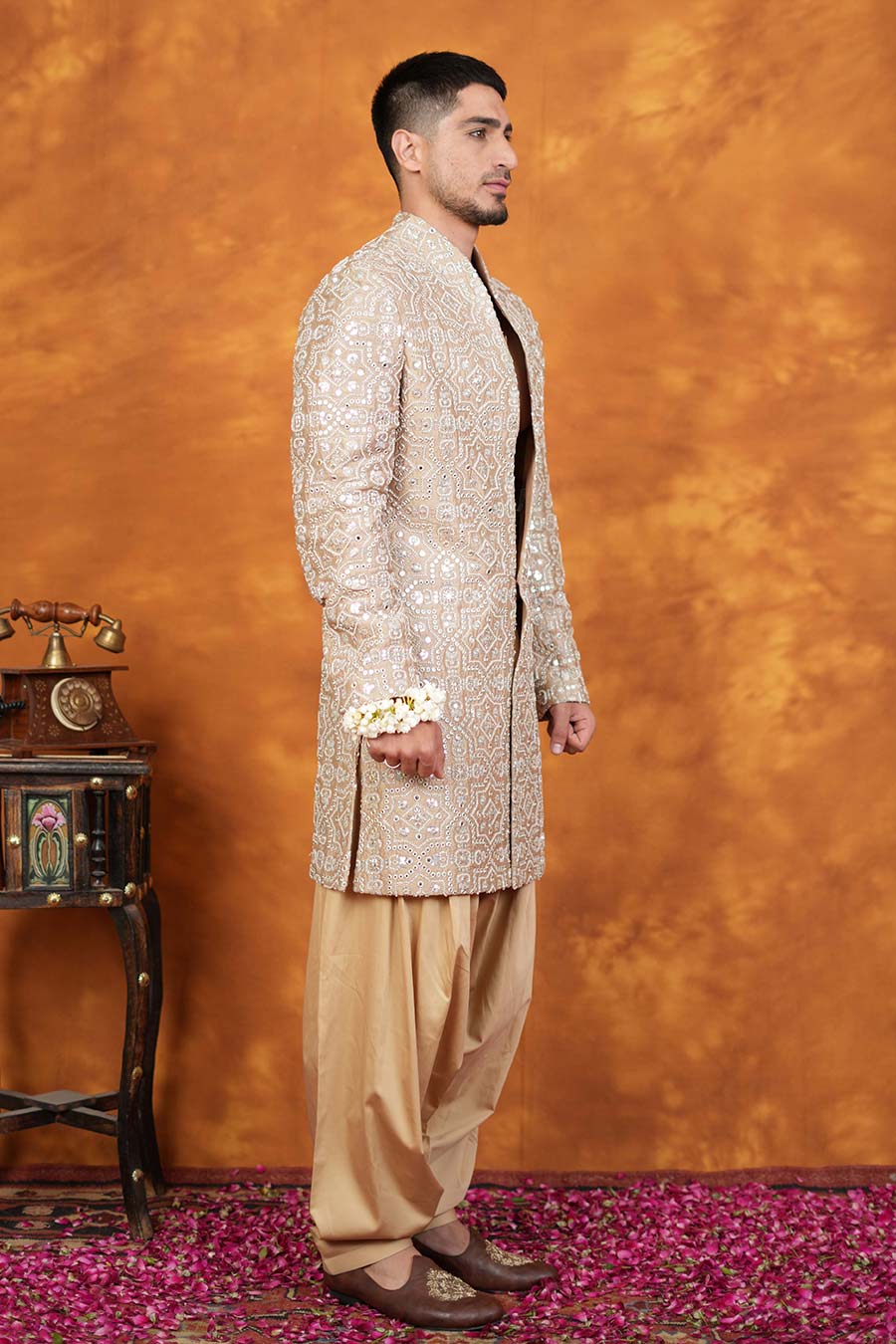 Beige Bam Silk Embroidered Indo-Western Set