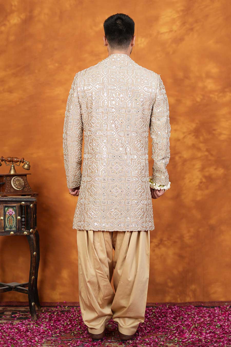 Beige Bam Silk Embroidered Indo-Western Set