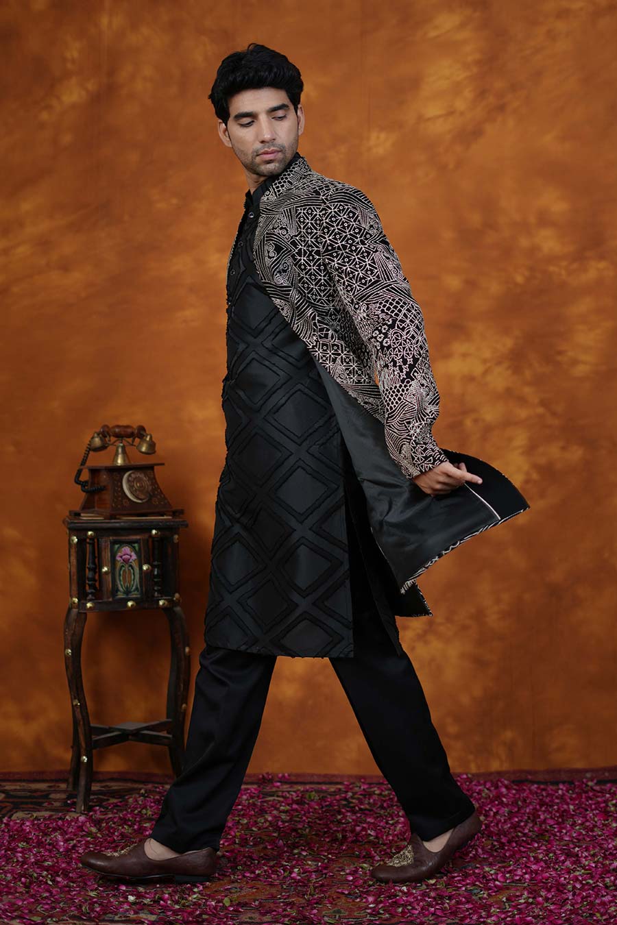 Black Embroidered Indo-Western Set