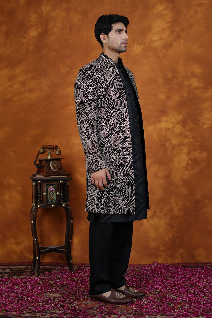 Black Embroidered Indo-Western Set