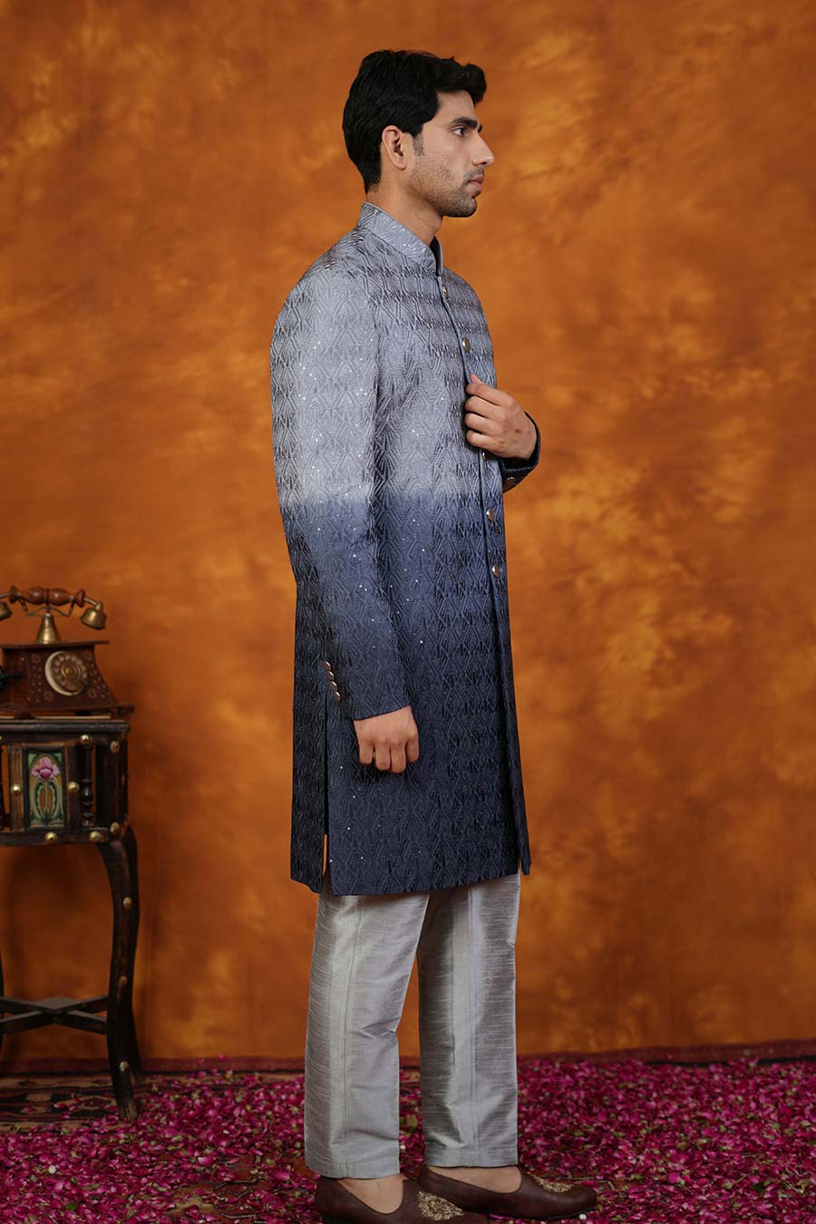 Blue Ombre Embroidered Indo-Western Set