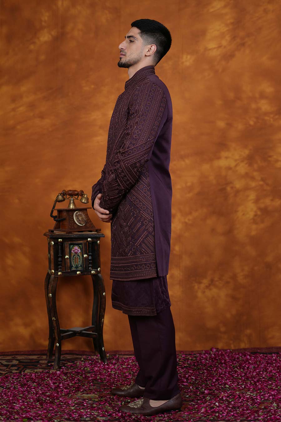 Wine Embroidered Indo-Western Set