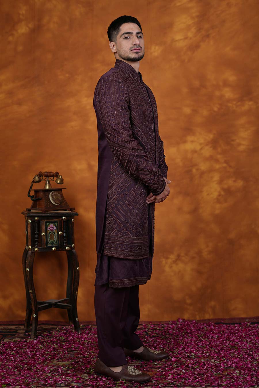 Wine Embroidered Indo-Western Set