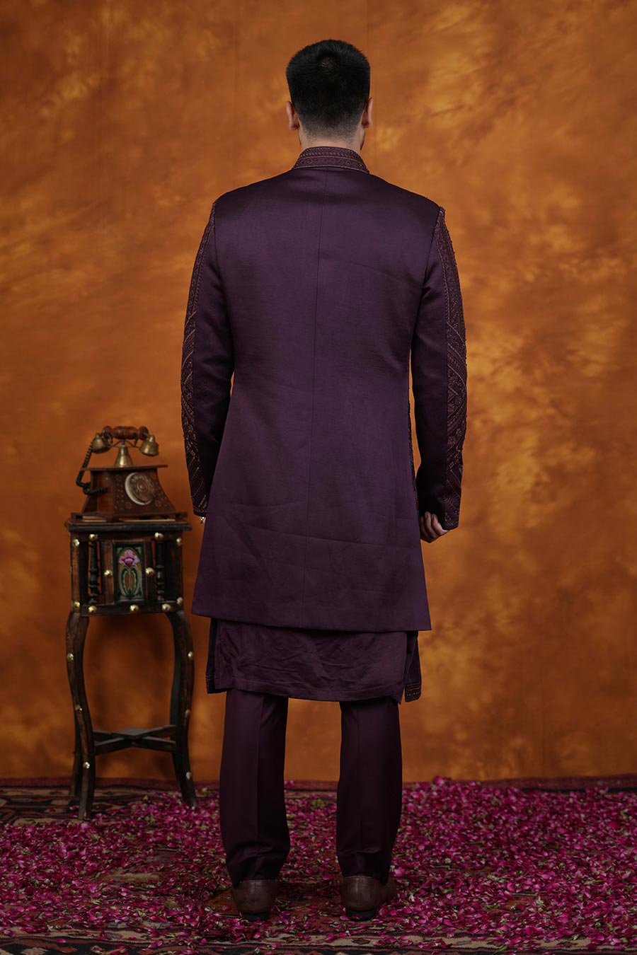 Wine Embroidered Indo-Western Set