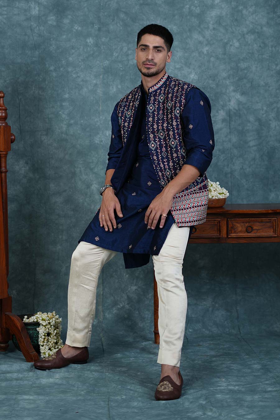 Indigo Embroidered Bandi Kurta Set
