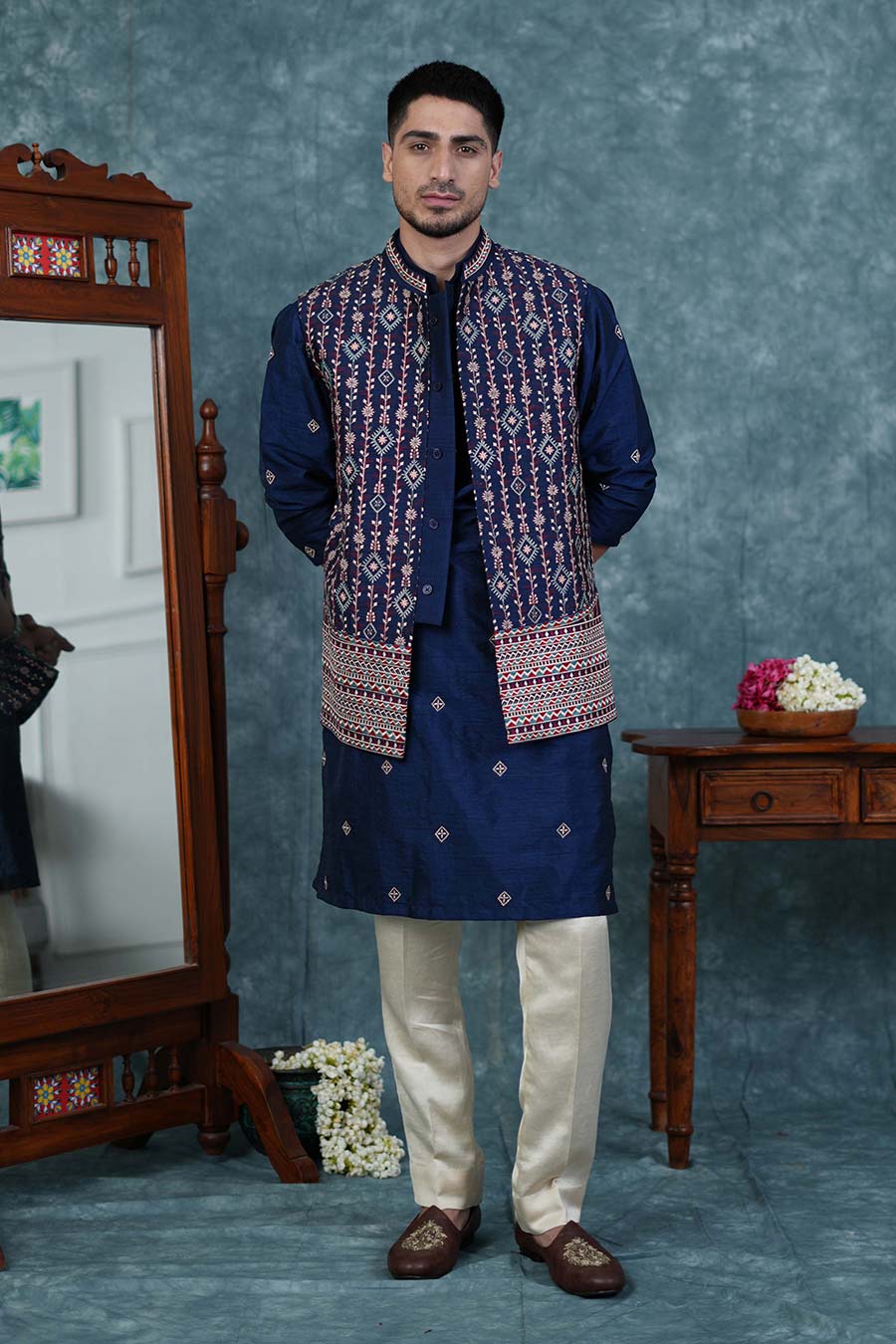 Indigo Embroidered Bandi Kurta Set