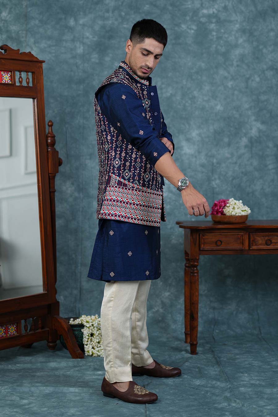Indigo Embroidered Bandi Kurta Set