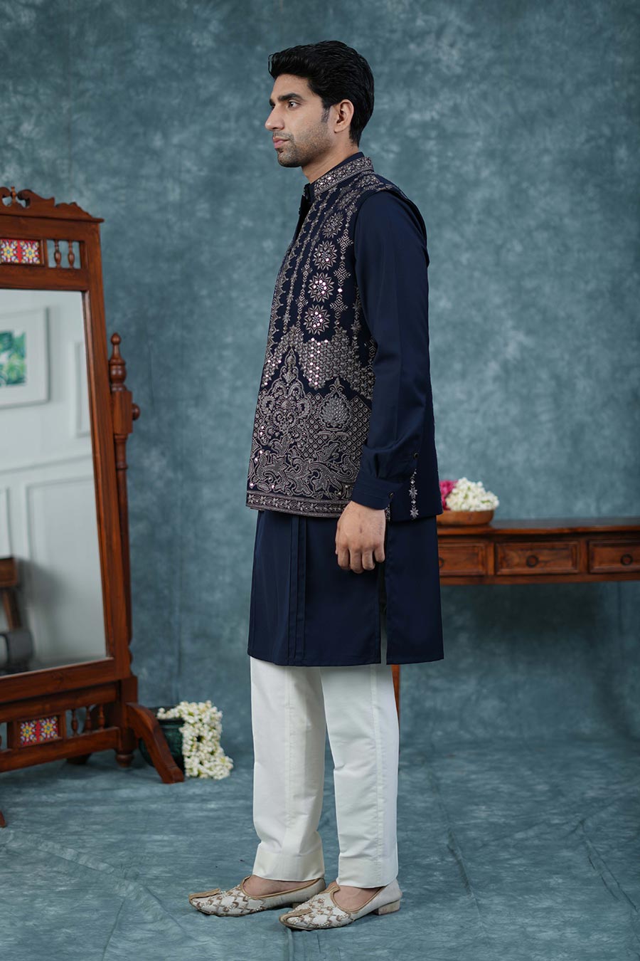 Dark Blue Embroidered Bandi Kurta Set