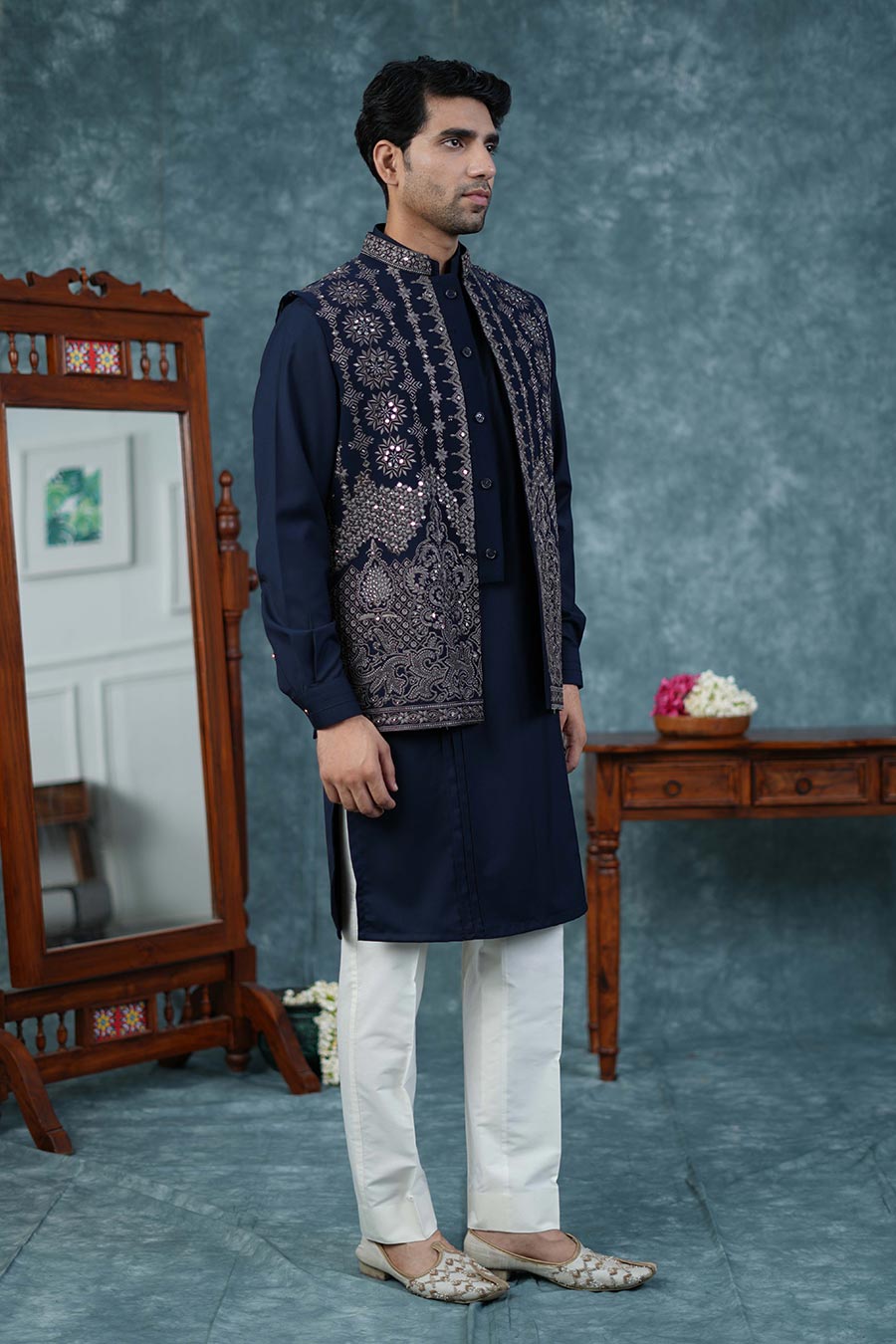 Dark Blue Embroidered Bandi Kurta Set