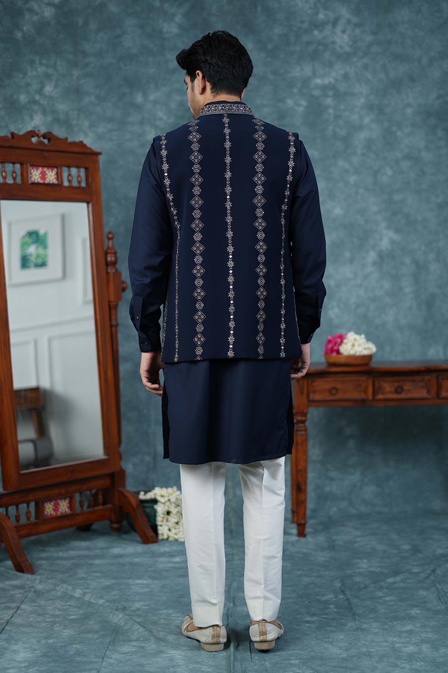 Dark Blue Embroidered Bandi Kurta Set