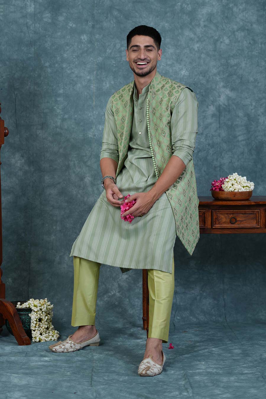 Pista Green Embroidered Bandi Kurta Set