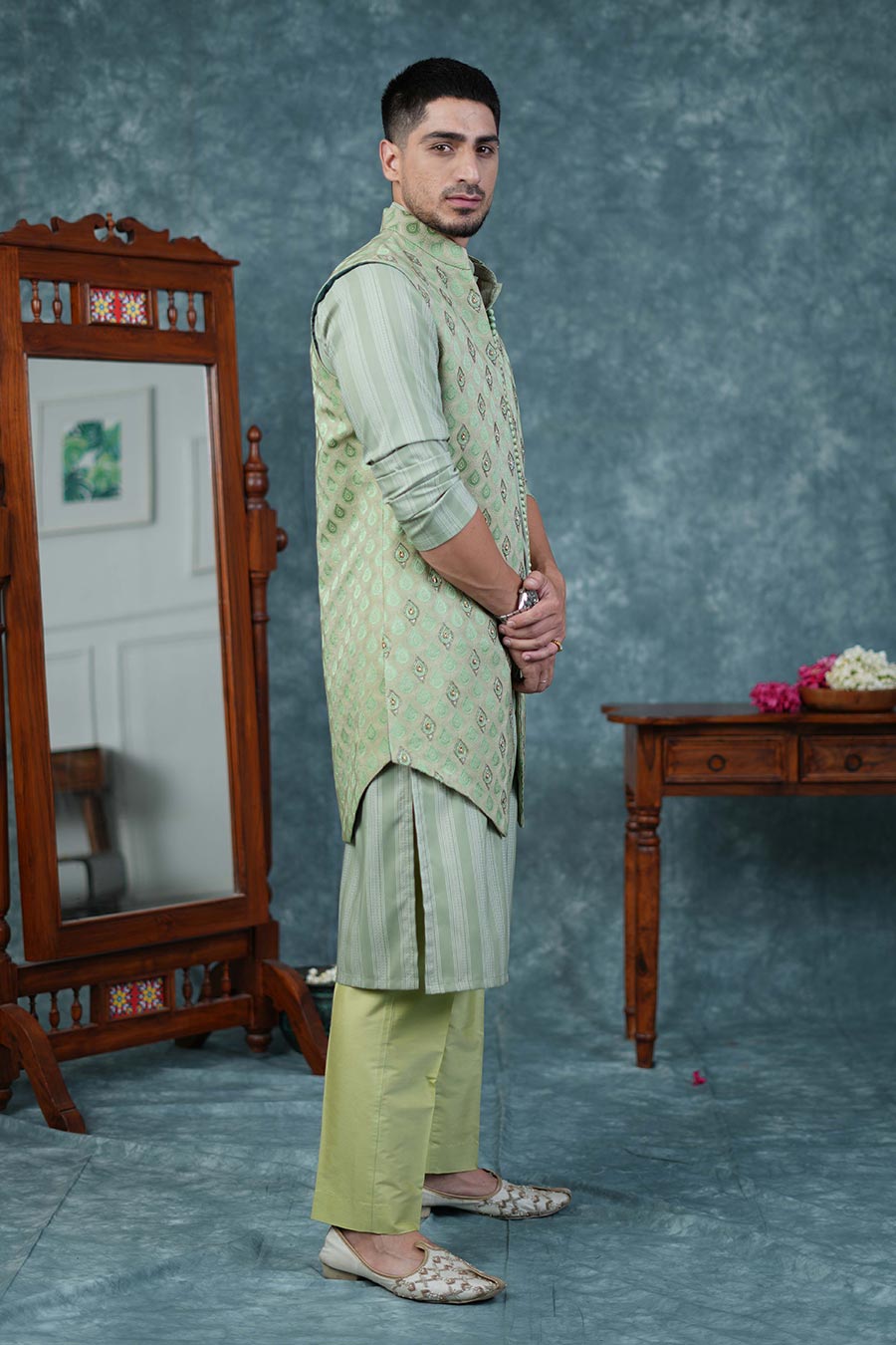 Pista Green Embroidered Bandi Kurta Set