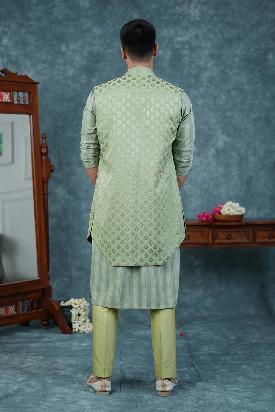 Pista Green Embroidered Bandi Kurta Set
