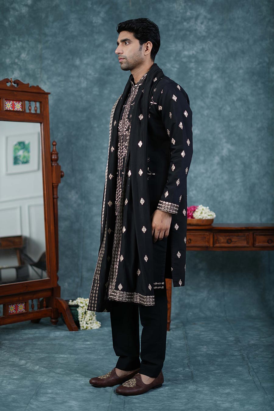 Black Chanderi Embroidered Kurta Set