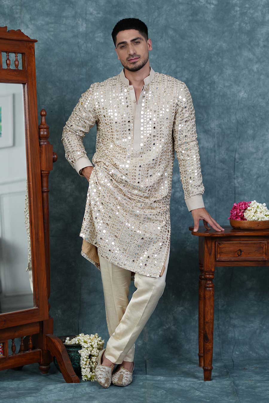 Ivory Grey Chanderi Embroidered Set