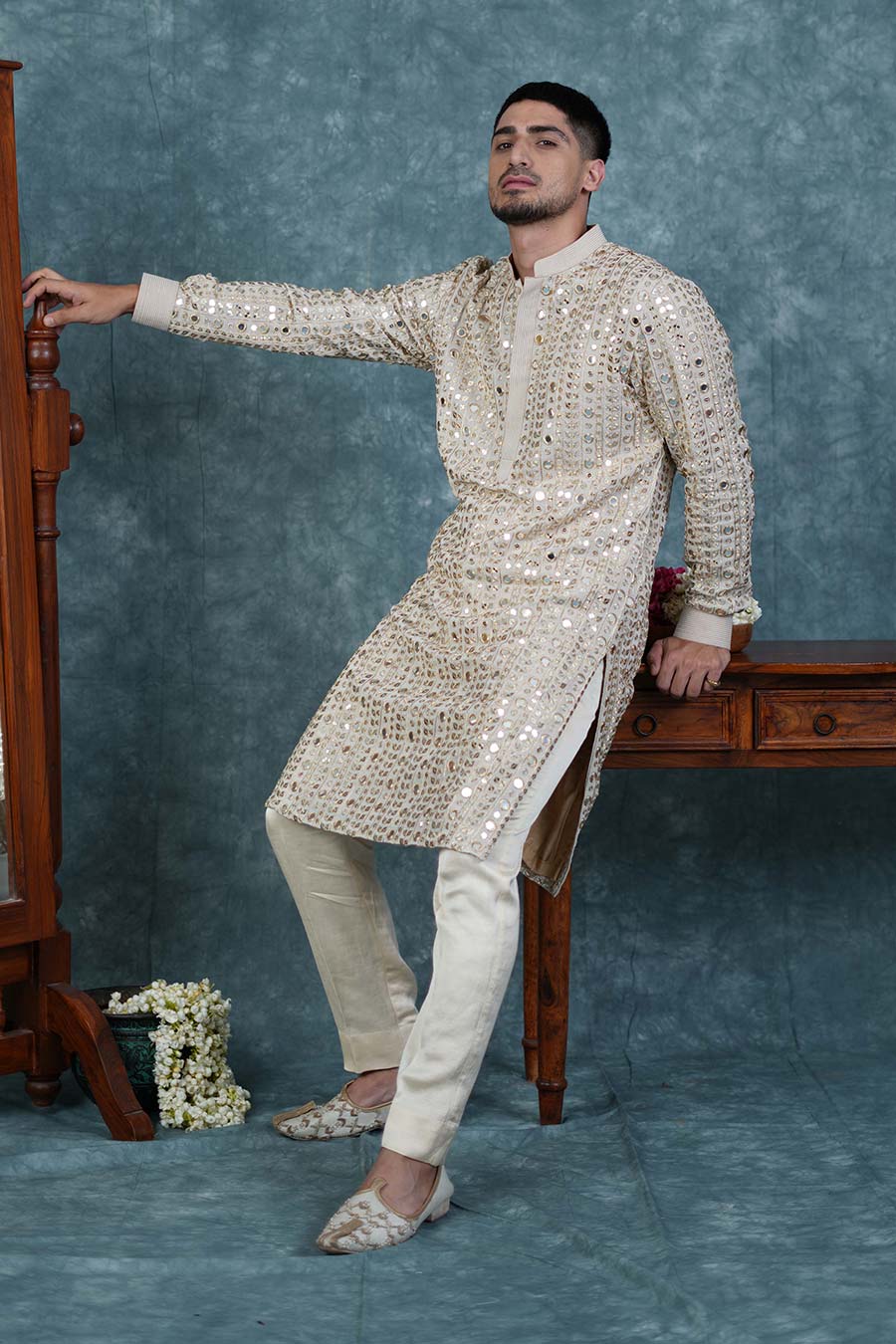 Ivory Grey Chanderi Embroidered Set