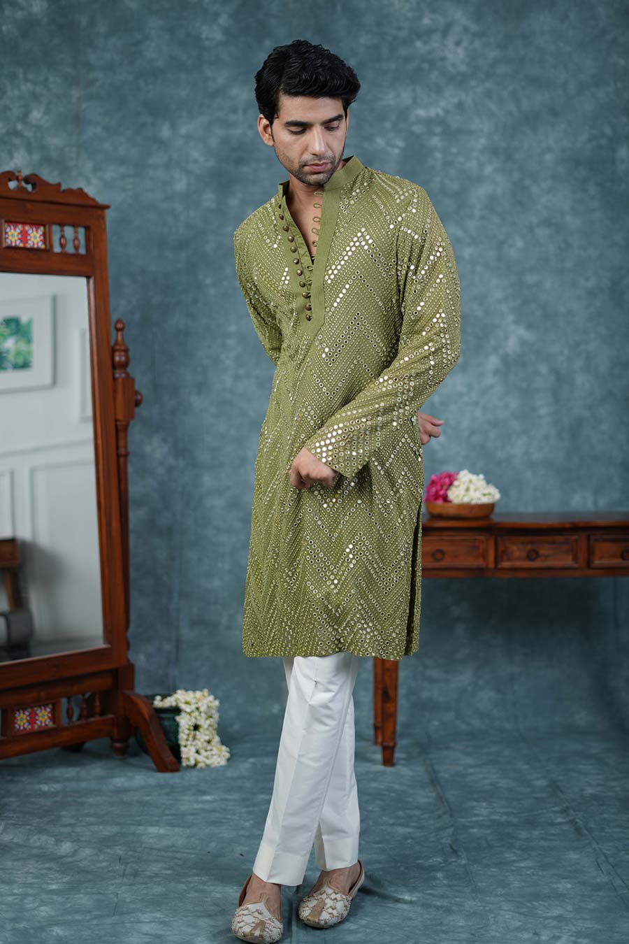 Fern Green Silk Embroidered Kurta Set