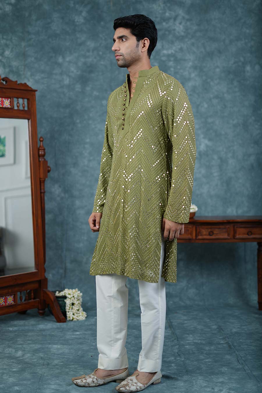 Fern Green Silk Embroidered Kurta Set