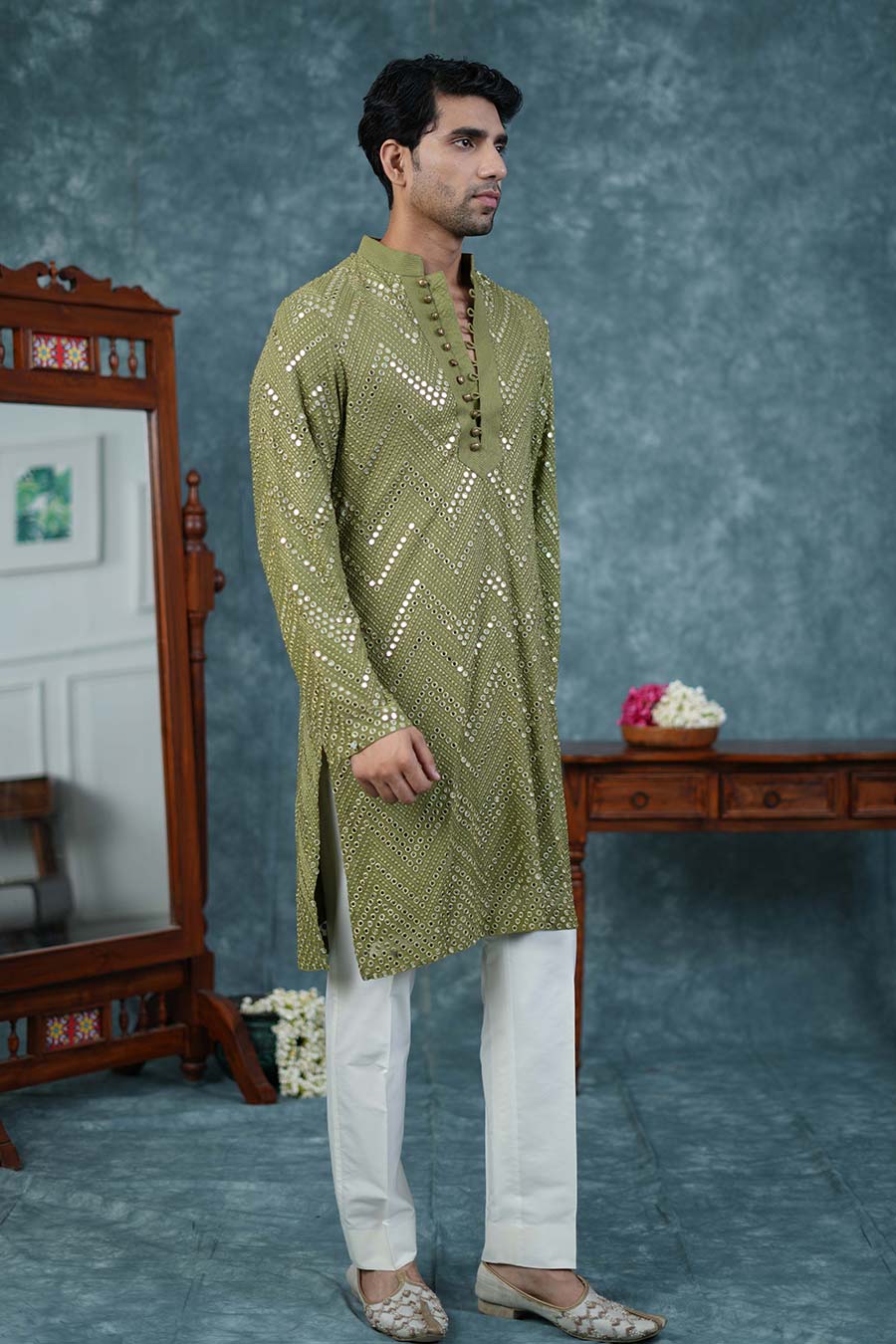 Fern Green Silk Embroidered Kurta Set