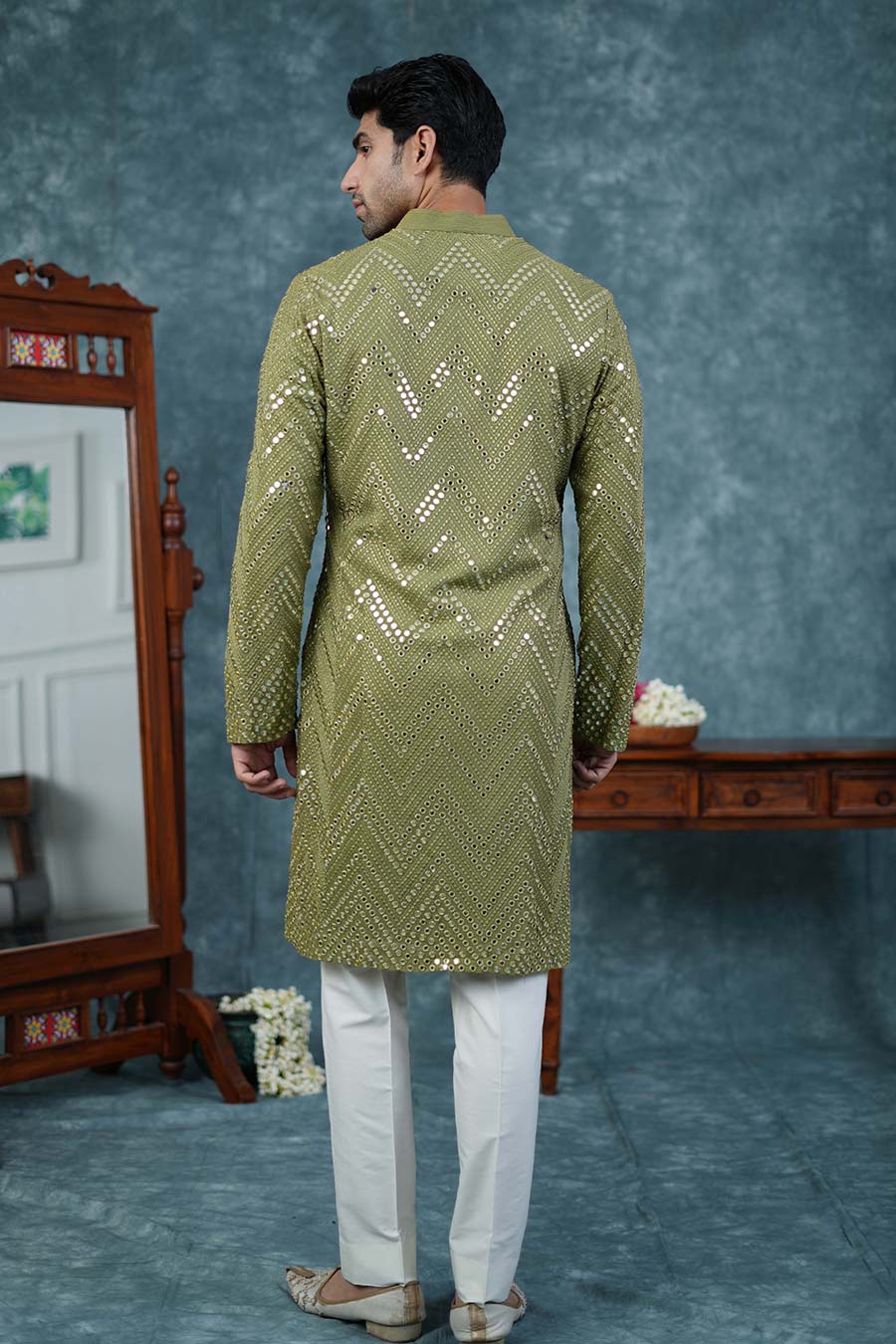 Fern Green Silk Embroidered Kurta Set