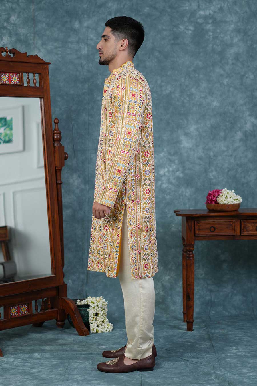 Amber Yellow Silk Embroidered Kurta Set