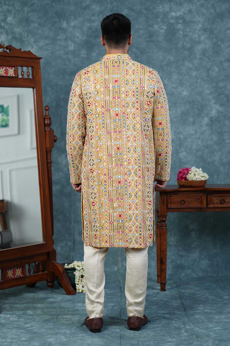 Amber Yellow Silk Embroidered Kurta Set
