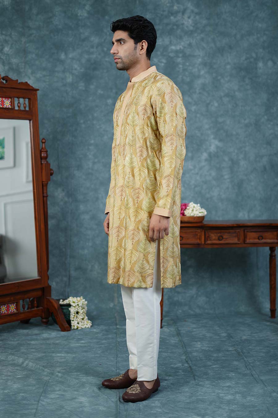 Light Yellow Chanderi Embroidered Kurta Set