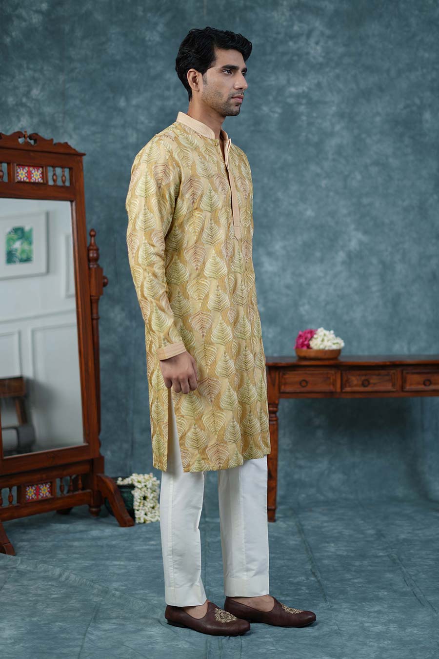 Light Yellow Chanderi Embroidered Kurta Set