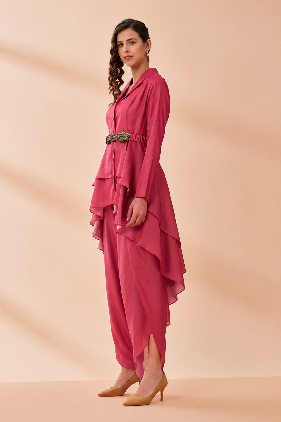 Red Layered Co-Ord Set With Belt