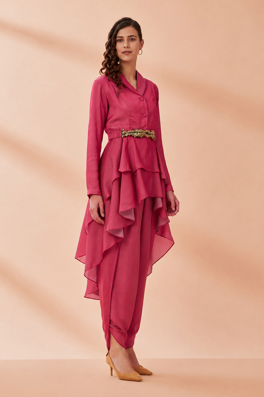 Red Layered Co-Ord Set With Belt