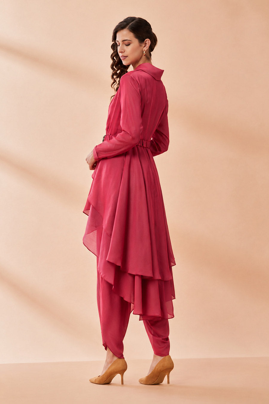 Red Layered Co-Ord Set With Belt