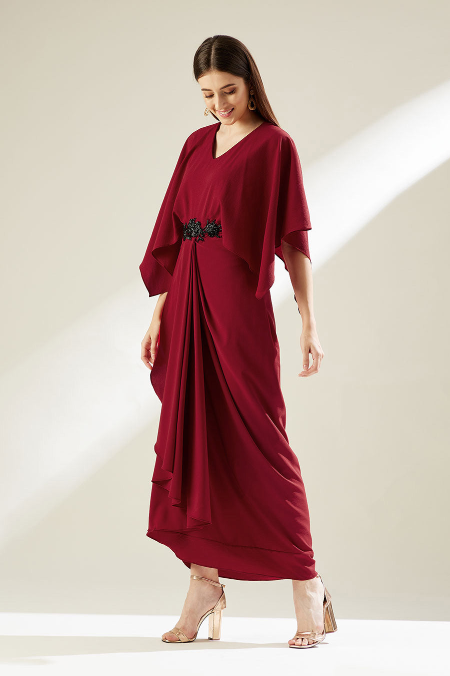 Red Embroidered Drape Dress