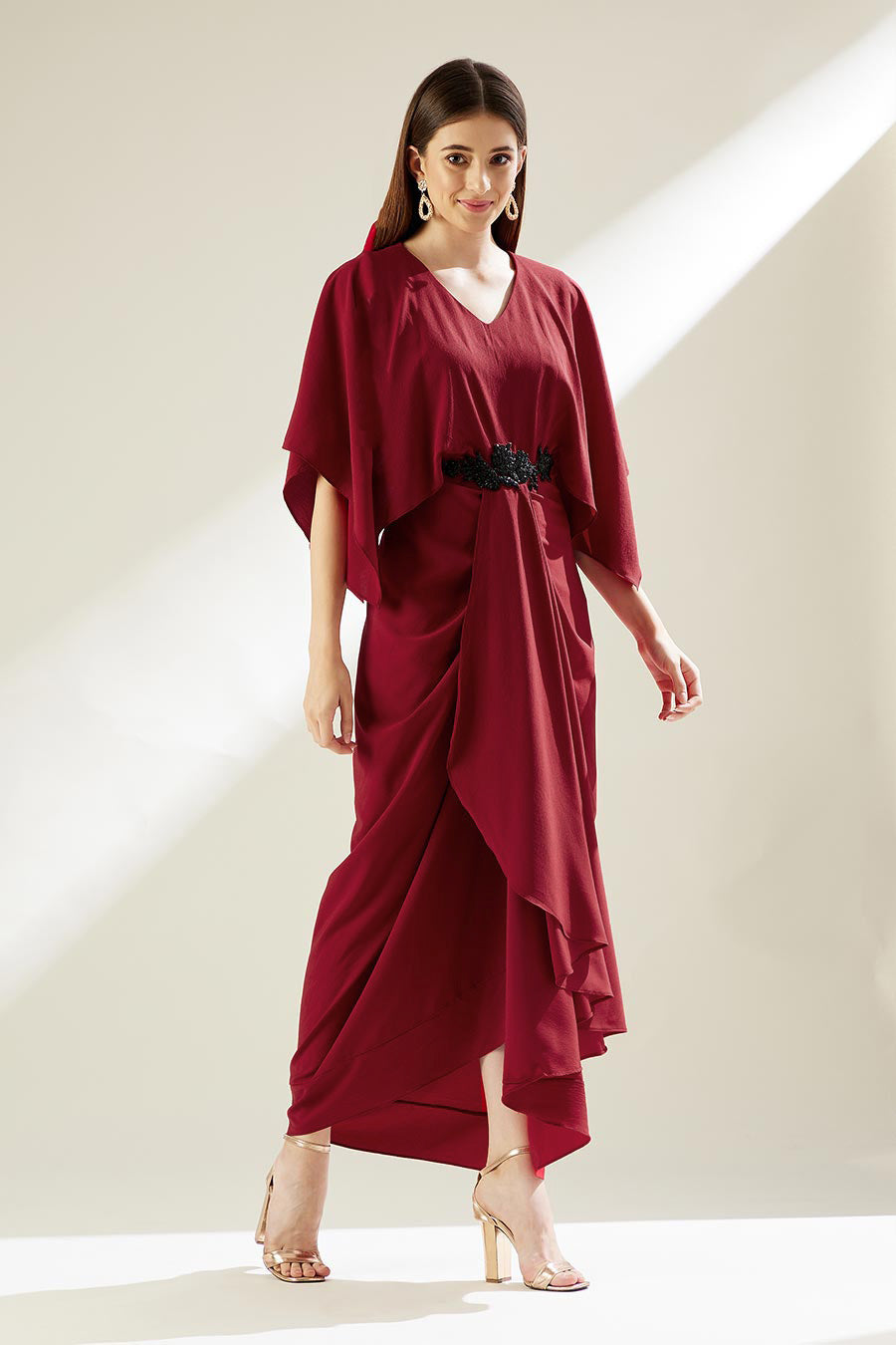 Red Embroidered Drape Dress