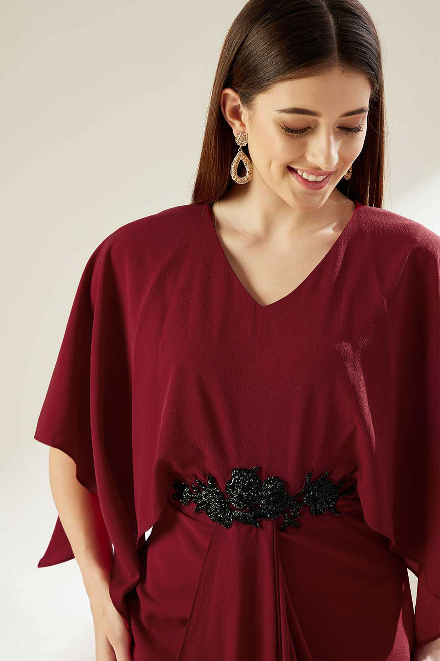 Red Embroidered Drape Dress