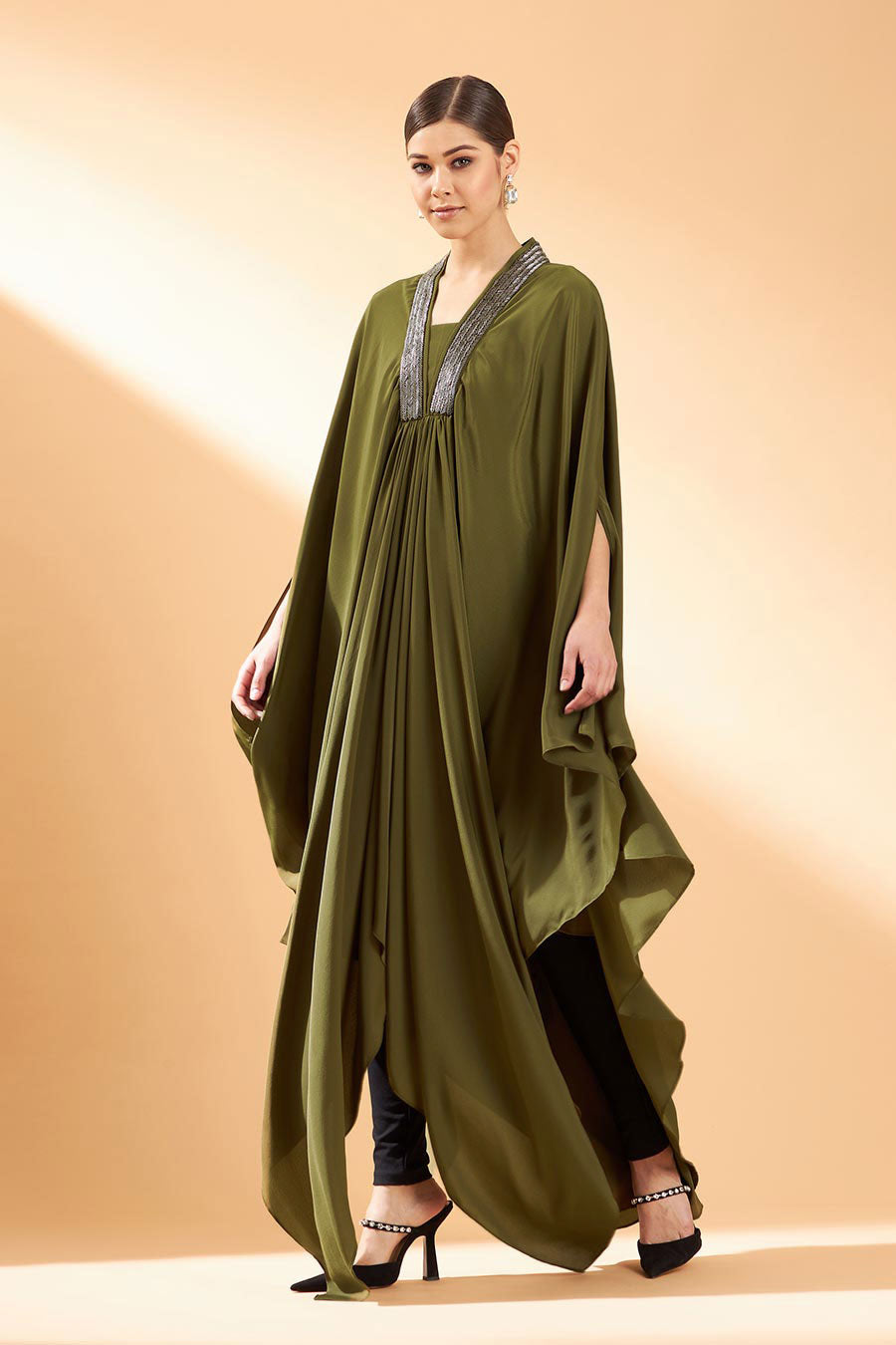 Olive Metallic Embroidery Kaftan Tunic