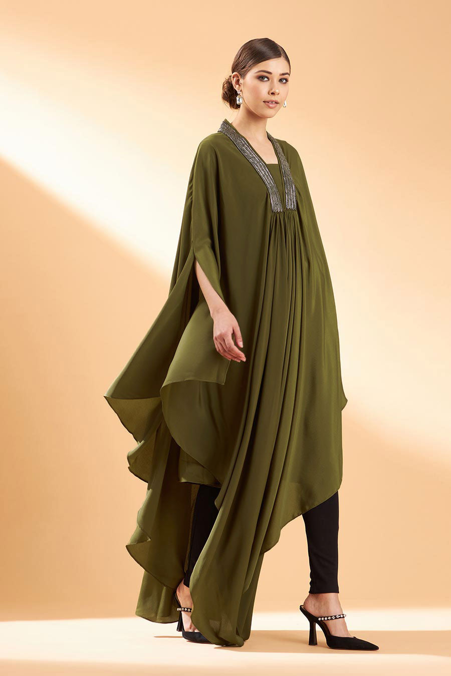 Olive Metallic Embroidery Kaftan Tunic