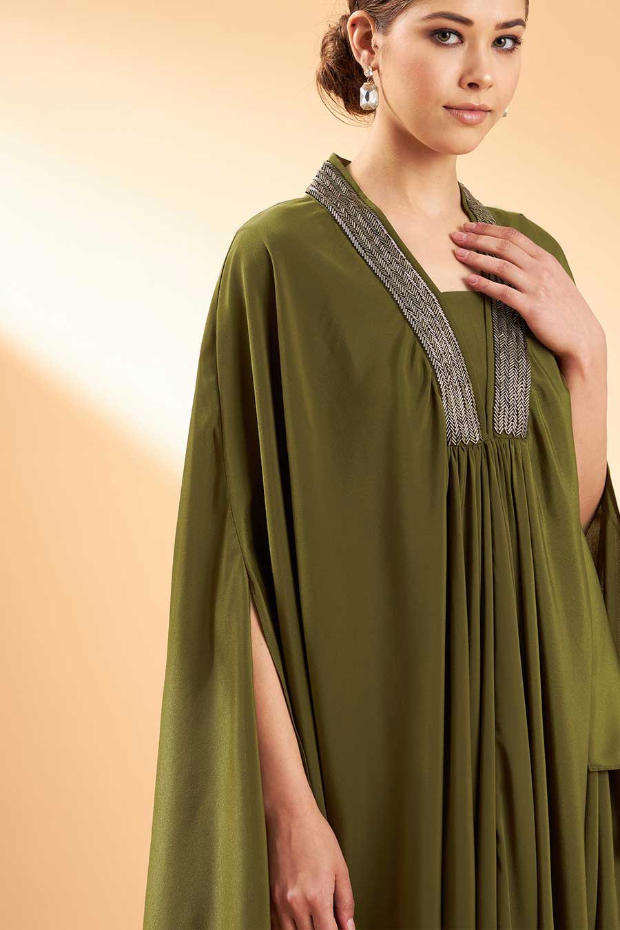 Olive Metallic Embroidery Kaftan Tunic