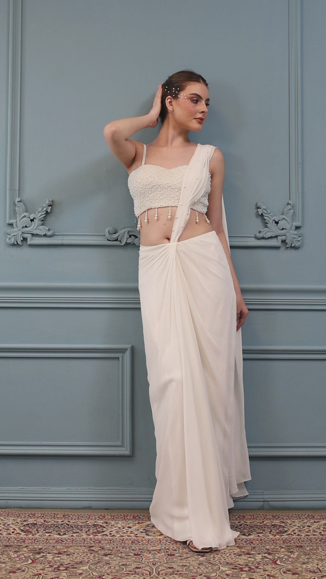 White Pearl Embellished Drape Saree & Blouse Set