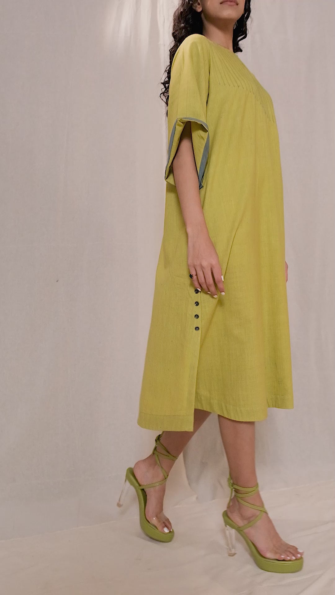 Lime Organic Khadi Pintuck Asymmetric Dress