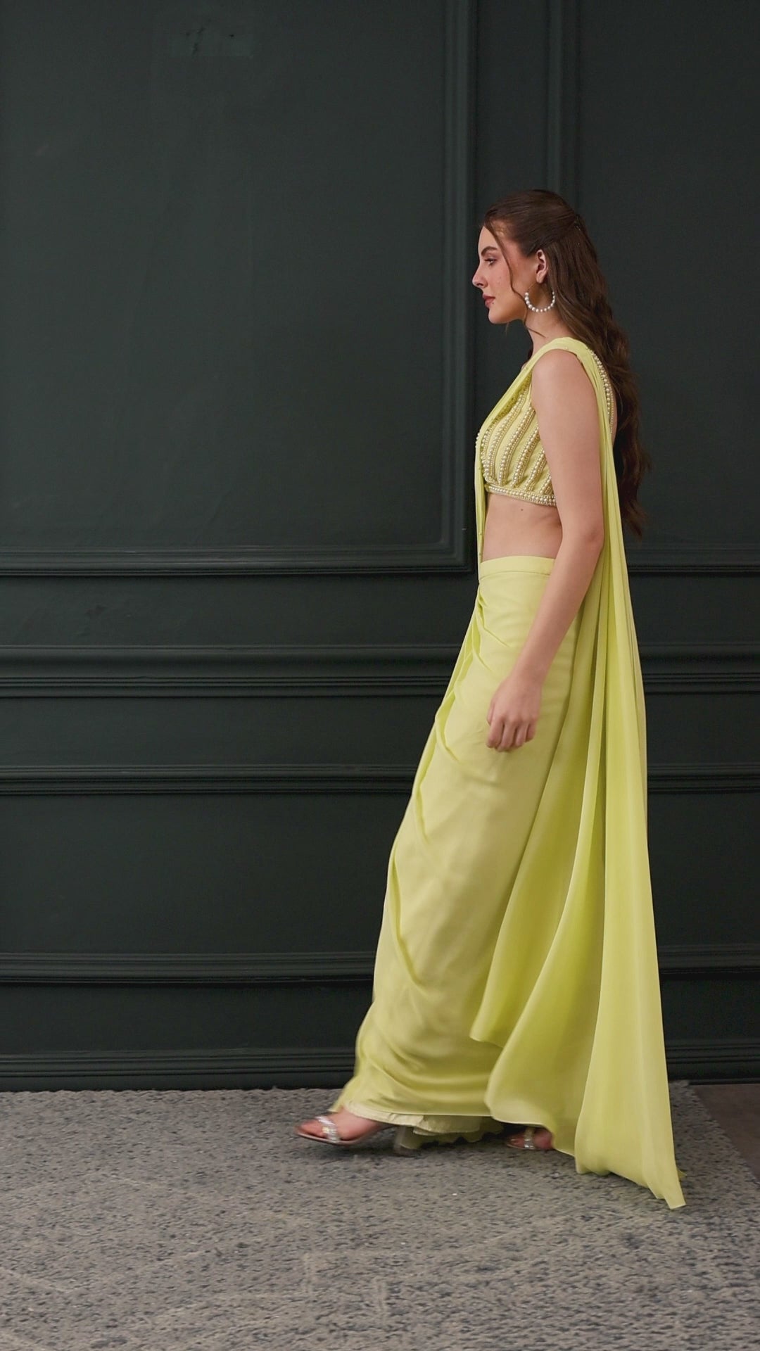 Lime Yellow Pearl Embellished Drape Saree & Blouse Set