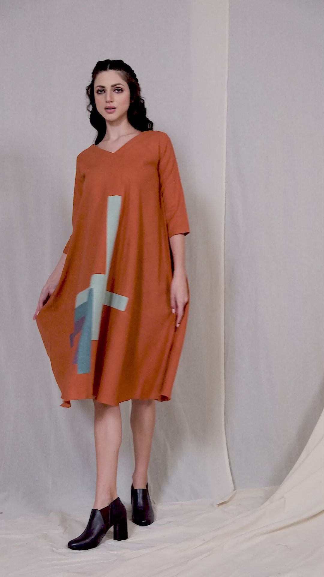 Orange Organic Khadi Colour Block Midi Dress