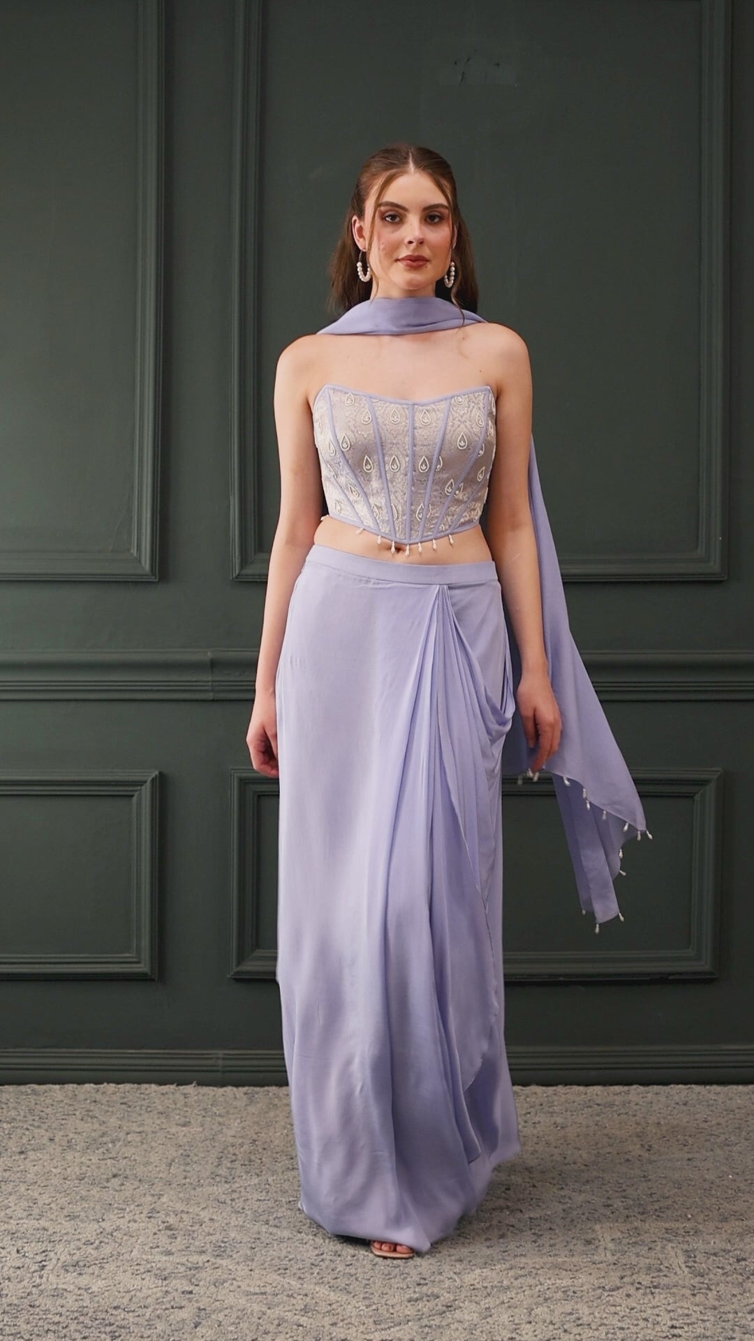 Lilac Embroidered Drape Skirt Set With Dupatta