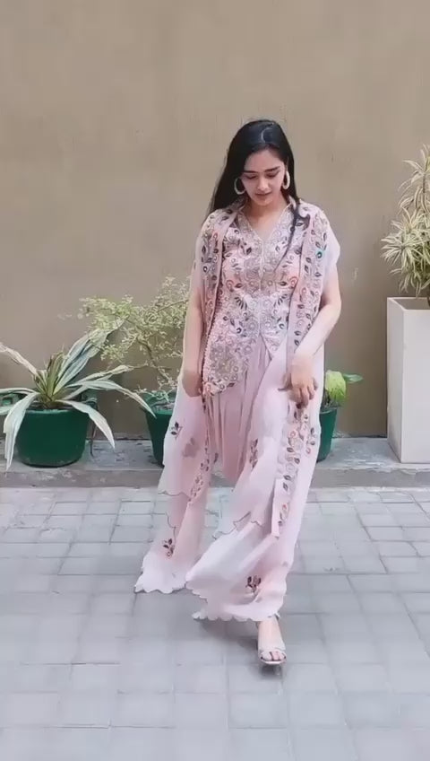 Pink Embroidered Top & Dhoti Set With Cape